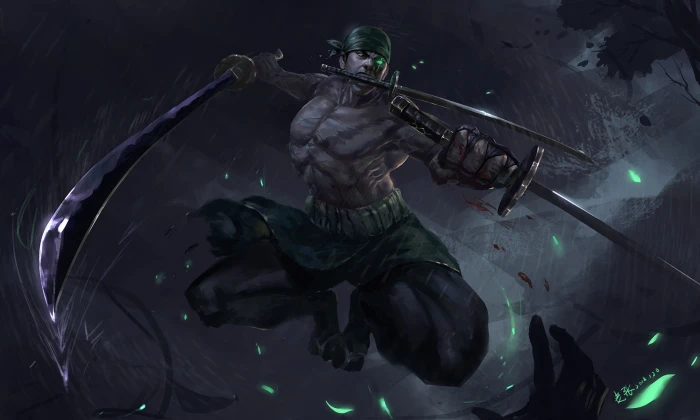 one piece roronoa zoro swords green eye Anime holding 2k