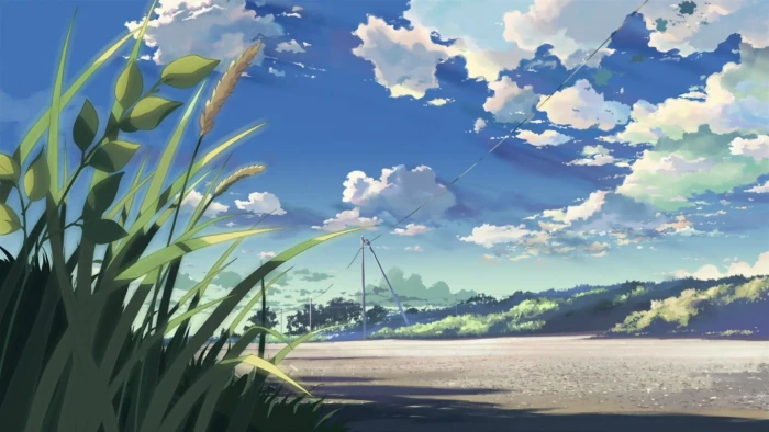 painting of grass and clouds 5 Centimeters Per Second Makoto Shinkai 2k