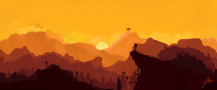 painting of mountains and trees Firewatch video games landscape 2k 4k