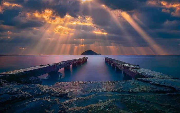 painting of two brow dock on body water during sunset sea