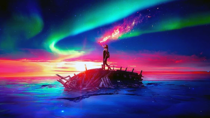 northern lights wreck torch aurora girl fantasy art world 2k