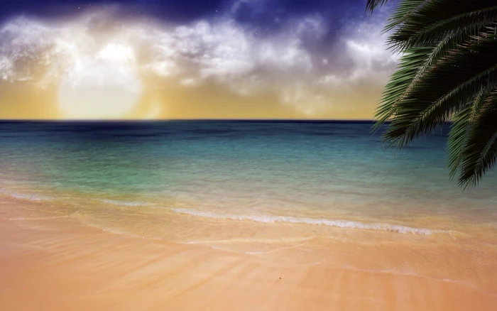 ocean water illustration beach sand palm trees sea sky tropical climate 2k