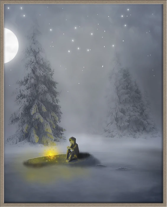 person sitting on floor in front of bone fire during winter solitude 2k