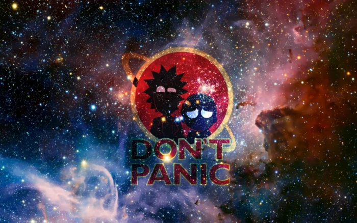 Rick Morty Don't Panic nebula graphic wallpaper and