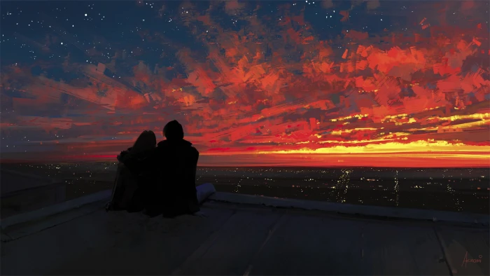 silhouette of man and woman fantasy art couple Sun sunset 2k