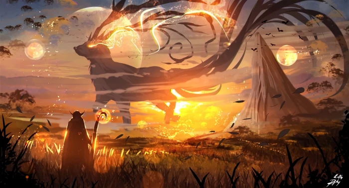 anime wallpaper fantasy art sunset digital magic mountains 2k