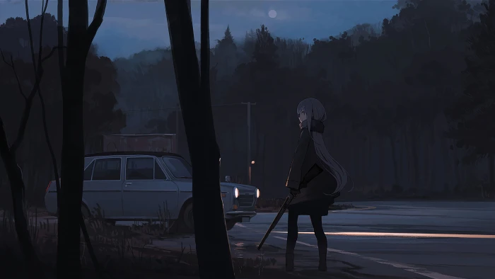 anime girls dark background night forest car roadside 2k 4k