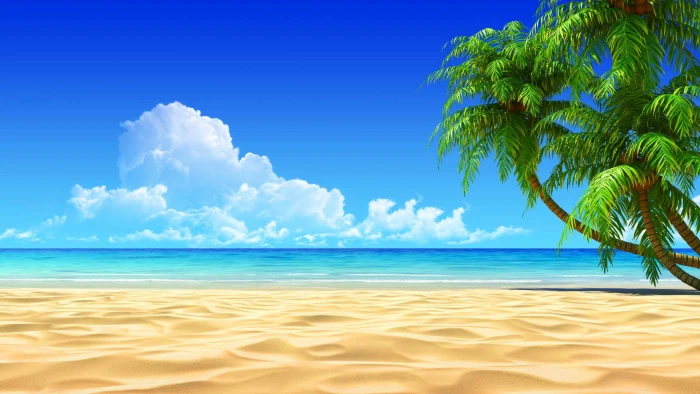 Beach Blue Sky Clean Water Clouds Green Tree seashore painting 2k
