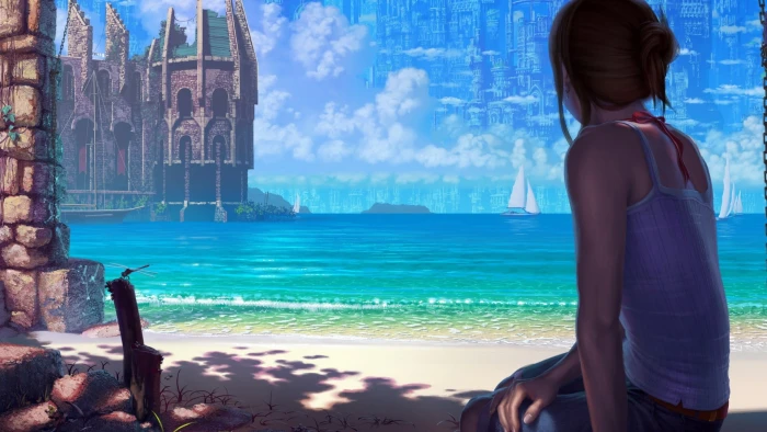 beach fantasy art sailing ship people anime water city 2k