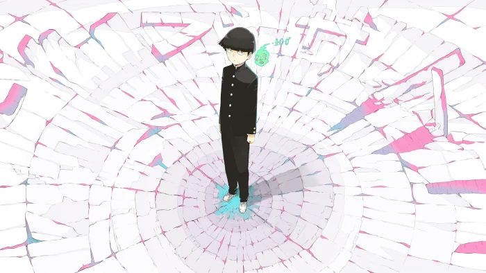 black haired male in top anime character illustration Mob Psycho 2k