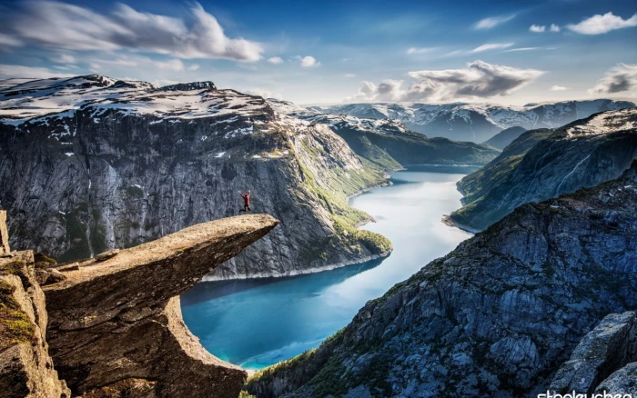 body of water nature landscape mountains jumping fjord Norway 2k