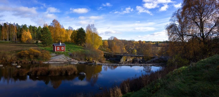 body of water near red cabin Autumn Forest Nature Landscape 2k