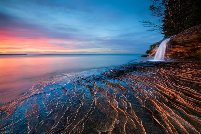 calm water nature landscape sunset lake waterfall clouds 2k