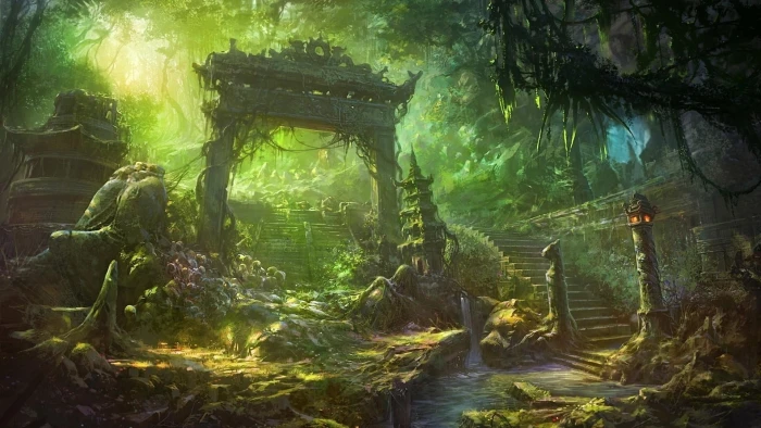 fantasy art forest nature ruins vegetation ancient woodland 2k