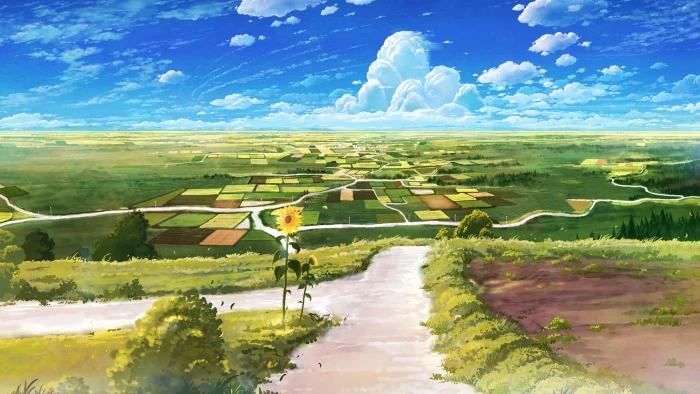 grassland road sky field anime art rural area scenery 2k