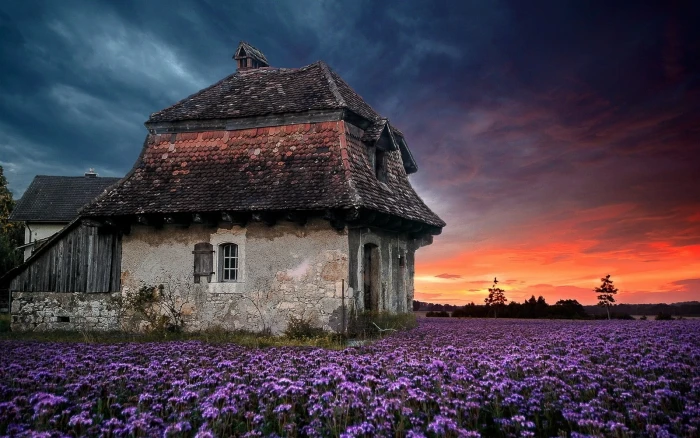 gray concrete wall house landscape nature sunset farm old 2k