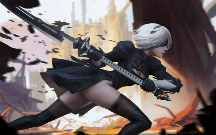 gray haired girl character holding spear wallpaper Nier Automata 2k