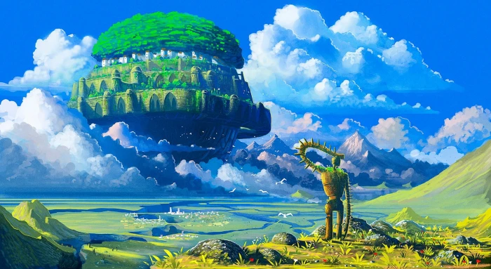 green and brown nature castle painting Studio Ghibli Castle in the Sky 2k