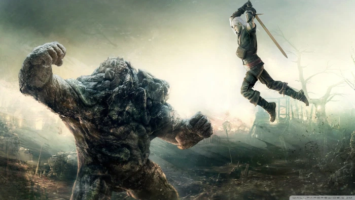 man holding sword digital wallpaper The Witcher video games 2k
