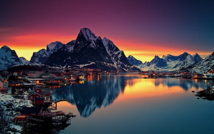 Lofoten Islands Norway Reine Sunset Mountain Winter Snow Sea Water Reflection Nature Desktop Wallpaper Hd 2k