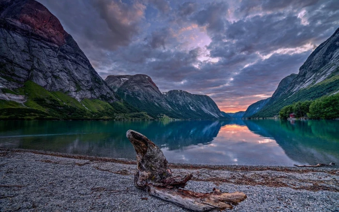 nature landscape summer lake night beach mountains Norway 2k