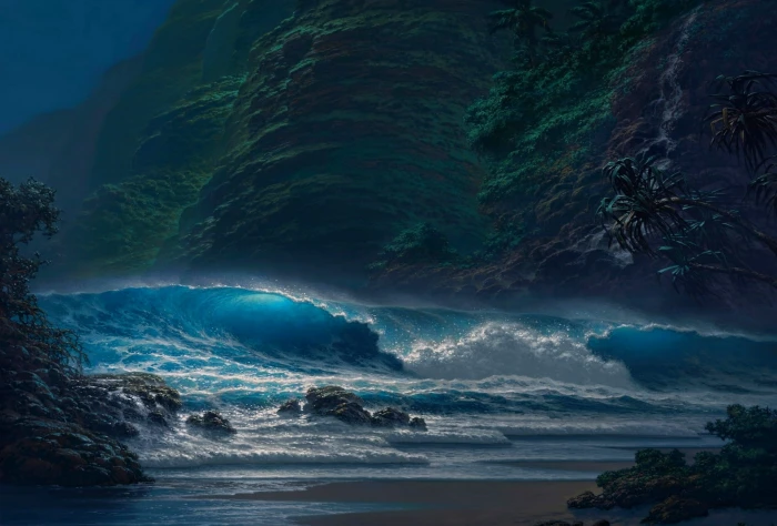 Nature Landscape Beach Palm Trees Coast Sea Waves Cliff Moonlight Sand Night 2k
