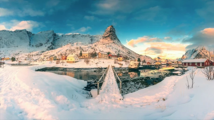 snow covered bridge nature landscape mountains Norway winter 2k
