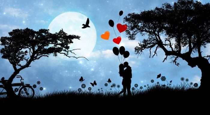 Valentine's Day Love Under The Moonlight silhouette photo of man and woman holding balloons 2k