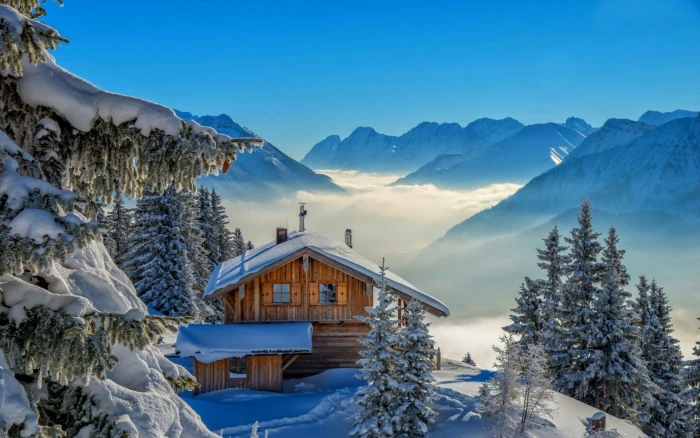 Winter Landscape Wooden House Mountain Pine Tree With White Snow Mist High Peaks Blue Desktop Wallpaper 2k