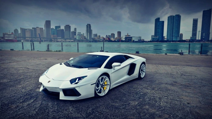 white sports car Lamborghini Aventador cars cityscape 2k