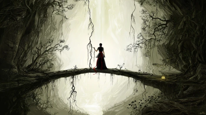 woman on tree branch wallpaper forest dark fantasy girl art 2k