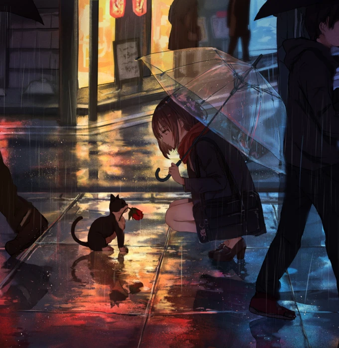 anime girls cats umbrella urban city rain 2k