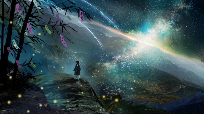 Anime Original Comet Galaxy Night Scenery Stars Tree 2k