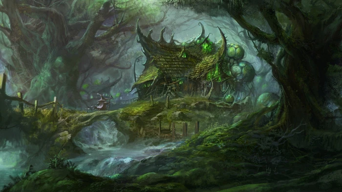 art artwork fantasy forests houses paintings trees water 2k