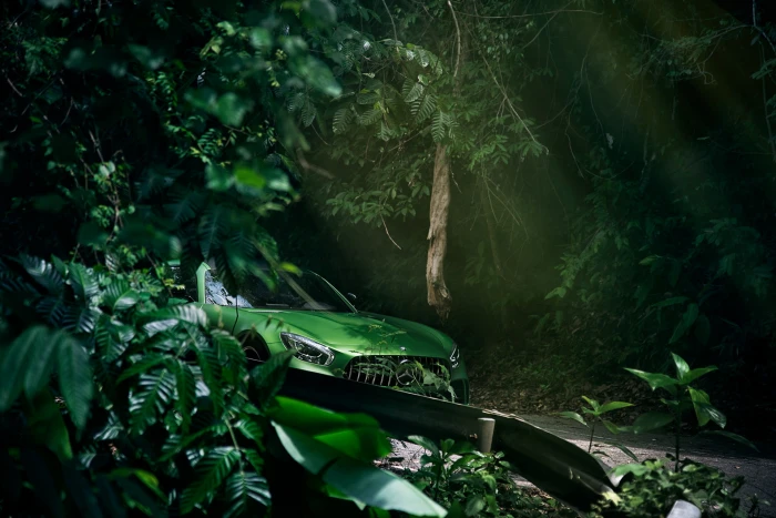 car Mercedes Benz green cars road trees landscape AMG GT 2k