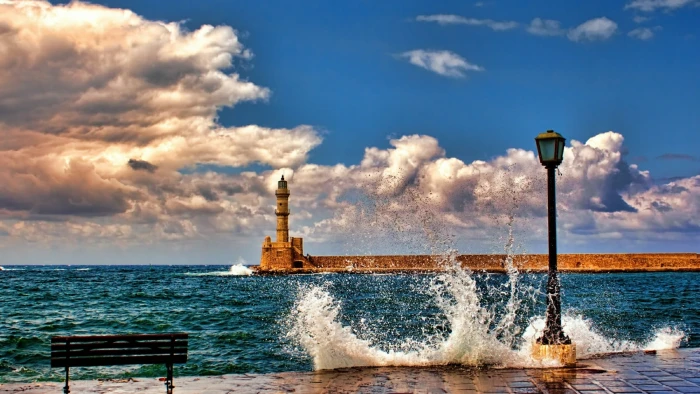 cloud breakwater chania lighthouse greece crete calm ocean 2k