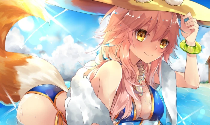 female anime character with tail digital wallpaper Caster Fate Extra 2k