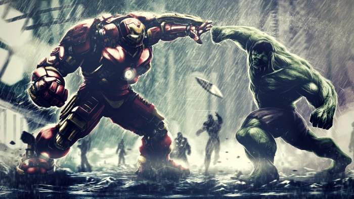 Marvel Iron Man Mark 44 facing Hulk illustration Cinematic Universe 2k