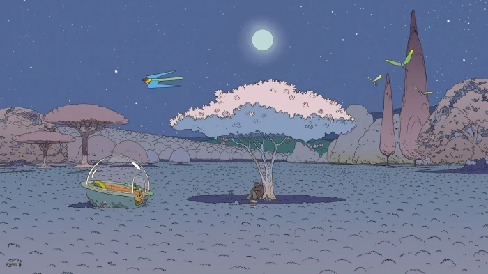 moebius science fiction digital art artwork night birds trees landscape nature 2k