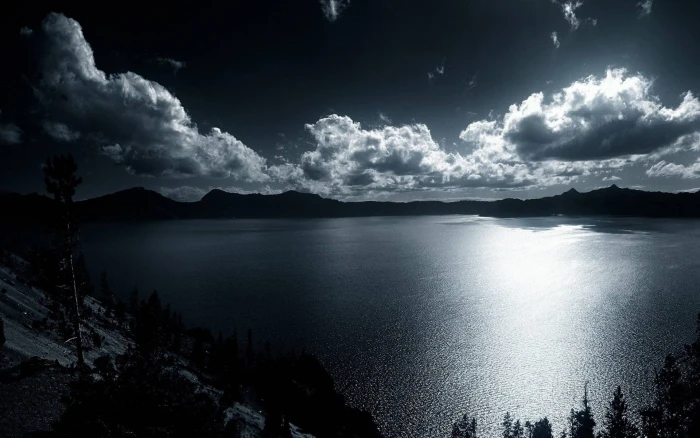 nature dark lake hills monochrome water sky cloud 2k