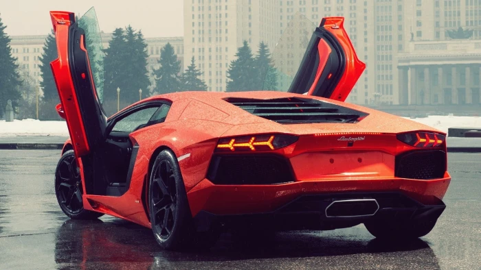 red sport car Lamborghini Aventador rain cars 2k
