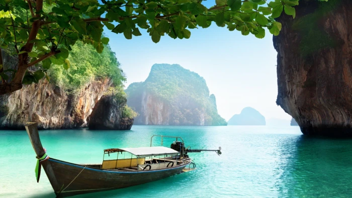 rocks beach trees boat ship vacation Thai water island 2k