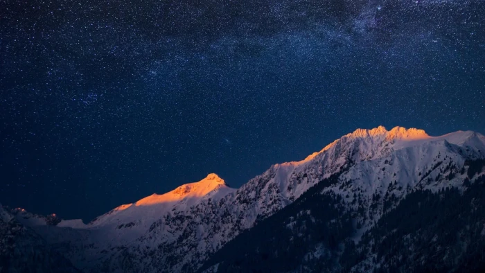 snow capped mountain nature landscape mountains stars evening 2k