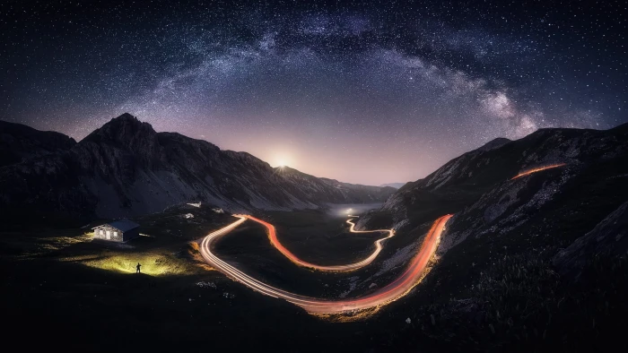 starry nights nature landscape Milky Way mountains road 2k