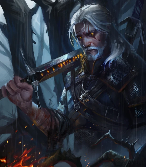 white hair Geralt of Rivia video game art The Witcher fan 2k