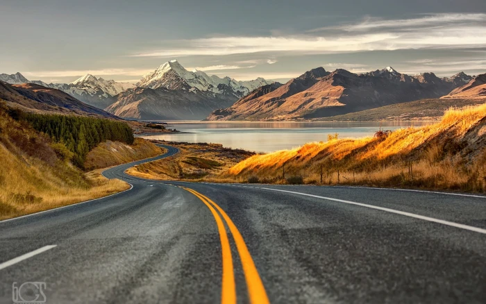 carretera lago paisaje road mountain transportation sky 2k