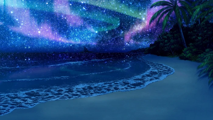 coconut tree sea stars beach anime sky night palm trees 2k