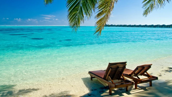 Deckchair on the beach 2 brown wooden lounge chairs in 2k