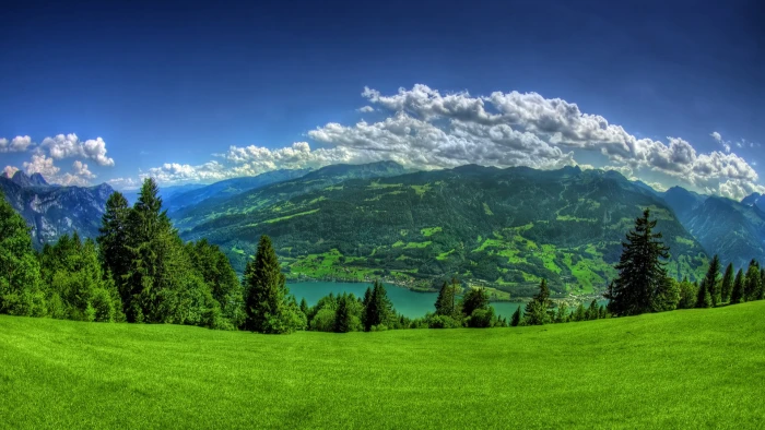 green mountain nature landscape lake hills grass mountains 2k