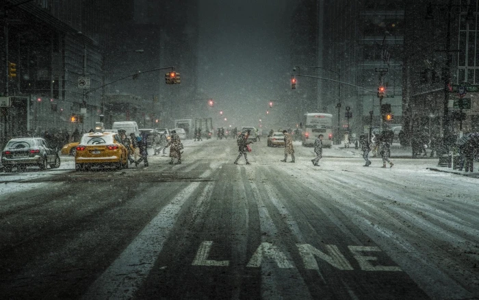 grey asphalt road landscape city snow urban traffic lights 2k